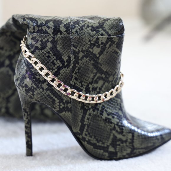 So Me Olive Snakeskin Chain Boot Heels - Picture 6 of 9